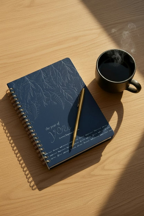 The Year of You planner closed on a wooden table in afternoon light, a gold pen resting on the cover and a cup of coffee beside it