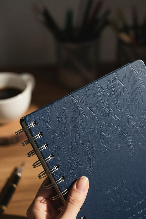 A hand holding The Year of You planner, close on the debossed foliage pattern in the navy cover
