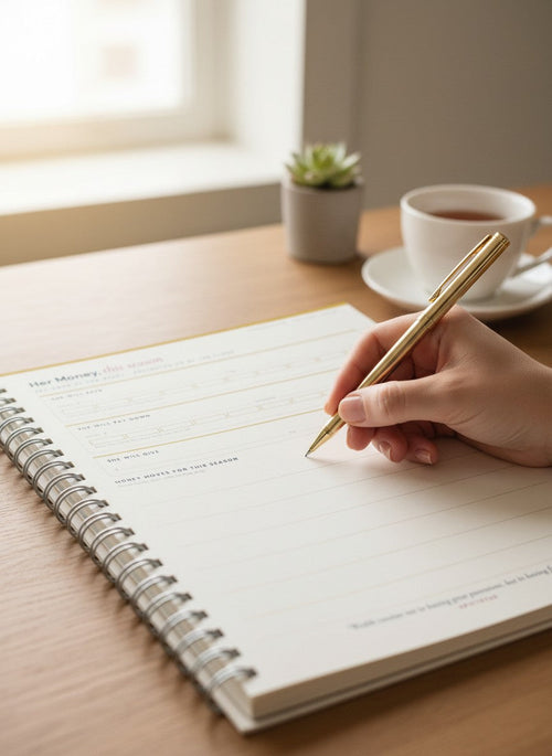 Writing in the Her Money pages of the planner with a gold pen in window light, coffee and a small plant nearby
